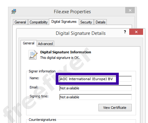 Screenshot of the AOC International (Europe) BV certificate